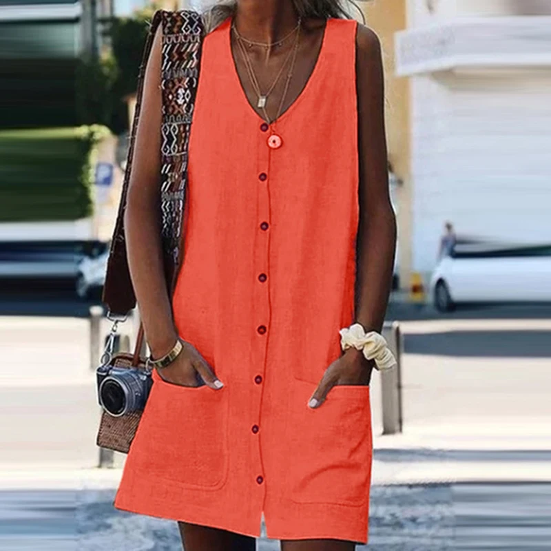 Vintage Orange Sundress Women Summer Dress 2021 Boho Style Sexy Mini Button Pockets Solid Beach Female | Женская одежда