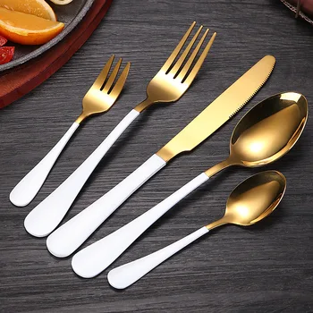 White Gold Painted TablewareSe 18/10 Stainless Steel Lunch Cutlery Set 5pcs Mirror Dinnerware Set Forks Spoons Knifes Dinner Set
White Gold Painted TablewareSe 18/10 Stainless Steel Lunch Cutlery Set 5pcs Mirror Dinnerware Set Forks Spoons Knifes Dinner Set