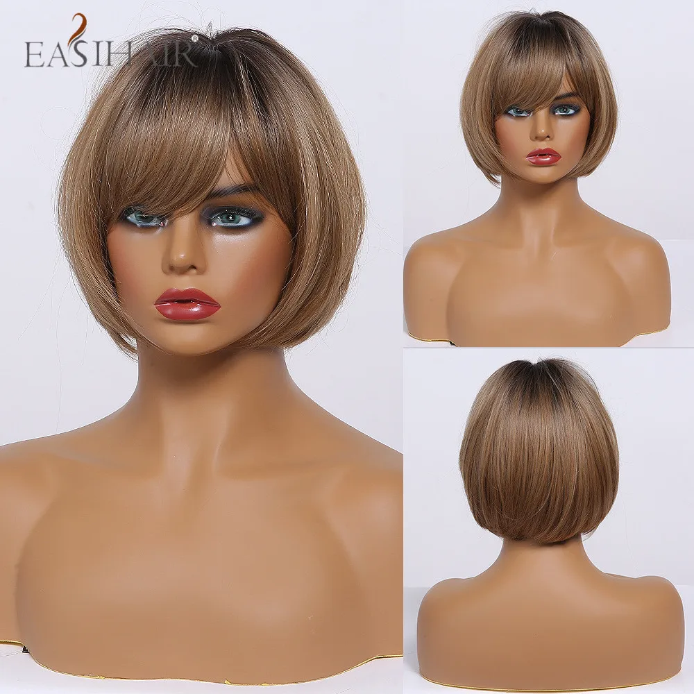 

EASIAHIR Short Wigs Bang Straight Bobo Hairstyle Ombre Black Brown Highlight Wig Cosplay Heat Resistant Synthetic Wigs for Women