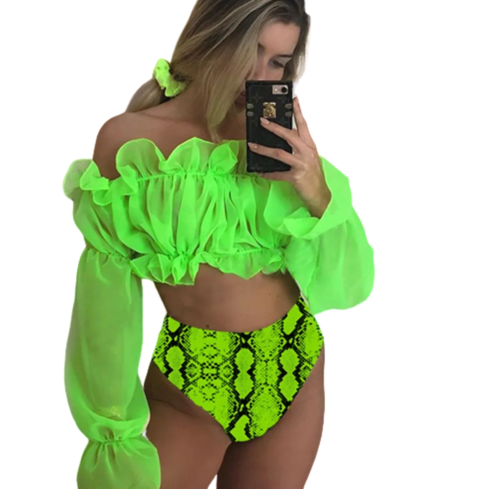 Neon Green Bikini High Waist Swimsuit with Chiffon Cover Ups Snakeprint Swimwear Ruffled Swimsuit Long Sleeve Bikini Snakeskin 
Neon Green Bikini High Waist Swimsuit with Chiffon Cover Ups Snakeprint Swimwear Ruffled Swimsuit Long Sleeve Bikini Snakeskin