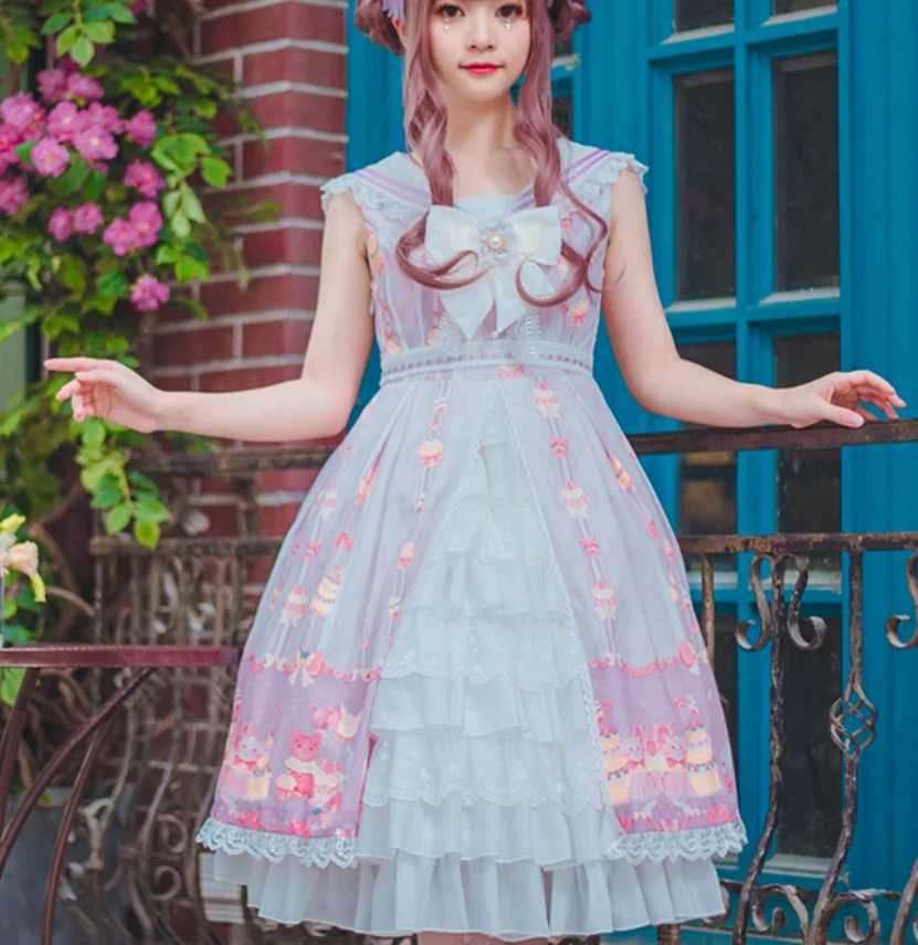 

cute girl lace Little cat printing Victoria Mid waist lolita jsk loli dress lolita bowknot girl Ruffle dress cos princess