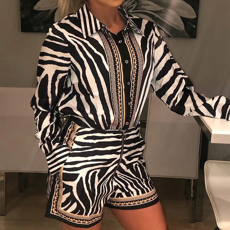 Zebra Print Buttoned Shirt & Zipper Short Sets Full Women Casual Single Breasted Turn-down Collar Shirt Mini Short Two Piece Set
Zebra Print Buttoned Shirt & Zipper Short Sets Full Women Casual Single Breasted Turn-down Collar Shirt Mini Short Two Piece Set