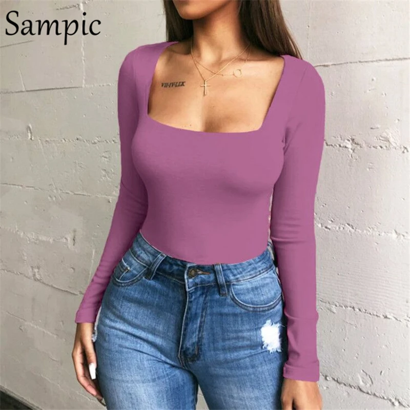 Sampic Woman Fashion Sexy Causual Square Neck Warm Skinny Bodysuit Rompers Long Sleeve Slim Bodycon Bodysuit Tops Autumn Winter