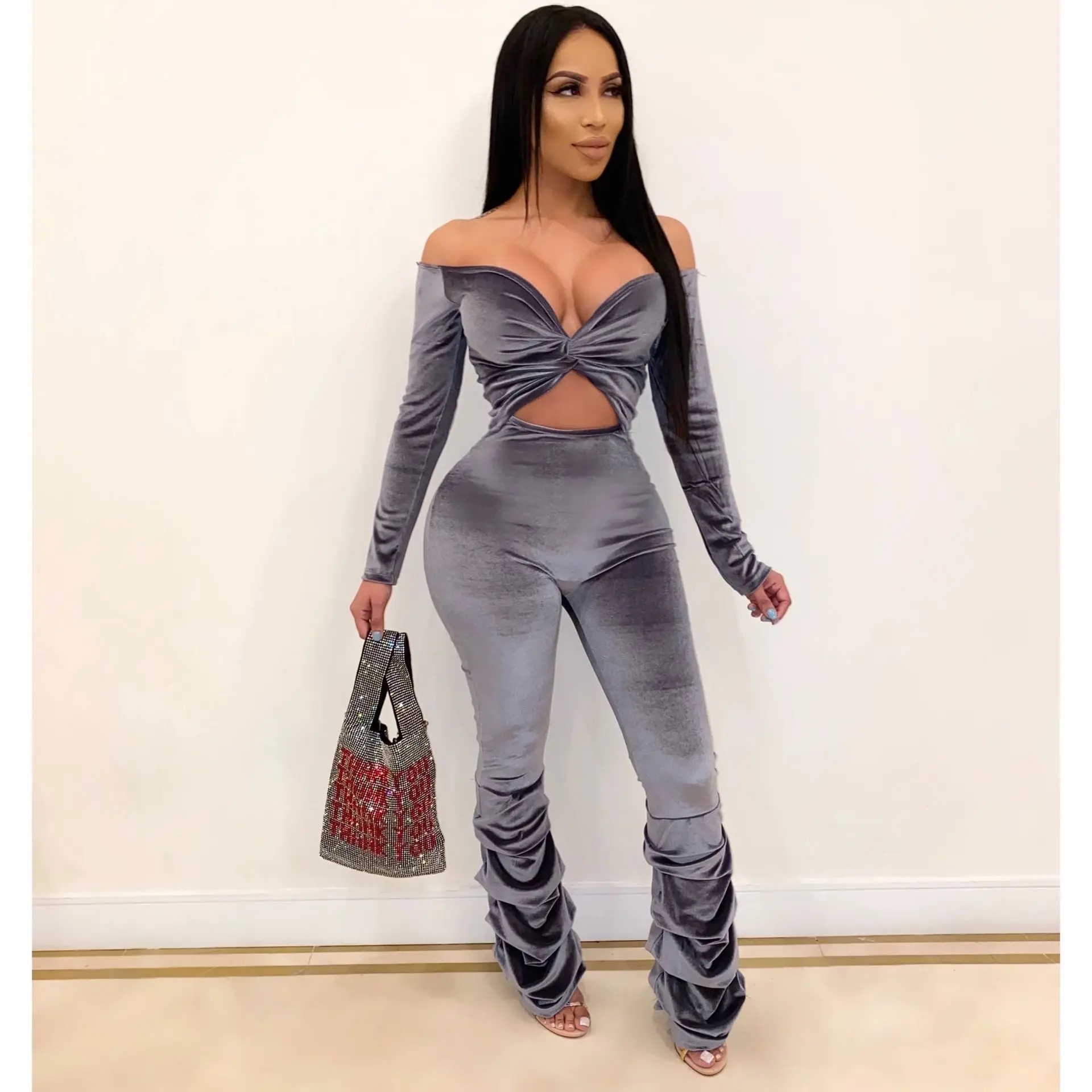 

BKLD Women Jumpsuit Long Sleeve Sexy Off Shoulder Bodycon Clubwear Velvet Playsuit 2020 Autumn Winter Hollow Out Ruched Jumpsuit