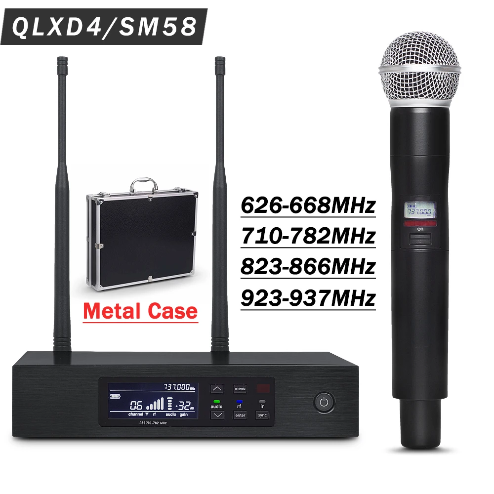 Professional UHF Wireless Mic System QLXD4 with Aluminum Box!! True Diversity Stage Performance SM-58 Single Handheld Microphone
Professional UHF Wireless Mic System QLXD4 with Aluminum Box!! True Diversity Stage Performance SM-58 Single Handheld Microphone