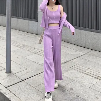 Comelsexy Spring Autumn Knitted 3 Piece Sets Purple Metal Button Cardigans Sweater Coat Short Vest Thread Wide Leg Pant Set
Comelsexy Spring Autumn Knitted 3 Piece Sets Purple Metal Button Cardigans Sweater Coat Short Vest Thread Wide Leg Pant Set