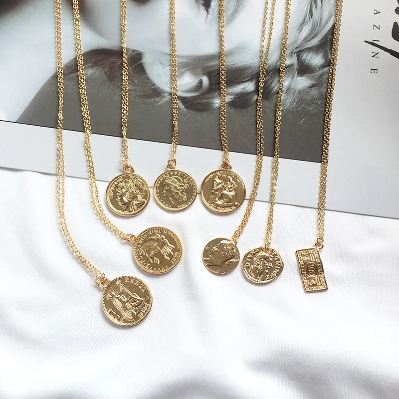 Фото Vintage Carved Gold Coin Roman Necklace For Women Bohemian Pendant Necklaces Boho Jewelry Choker Statement | Украшения и