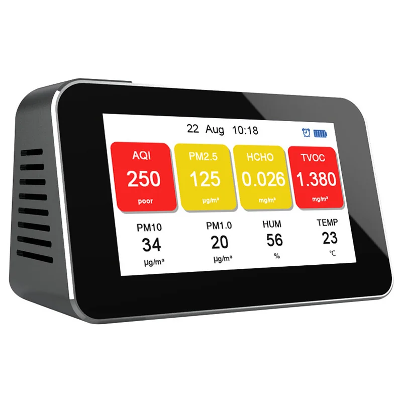 HCHO PM1.0 PM2.5 PM10 TVOC Formaldehyde Air Quality Detector Temperature Meter Hygrometer English LCD Display USB Charging
HCHO PM1.0 PM2.5 PM10 TVOC Formaldehyde Air Quality Detector Temperature Meter Hygrometer English LCD Display USB Charging