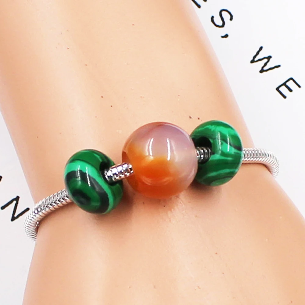 Natural Stone Charms Bracelets Bangle for Women Snake Chain Agates Malachite Semi Precious Beads Silver Color Fit Pan Bracelet | Украшения
