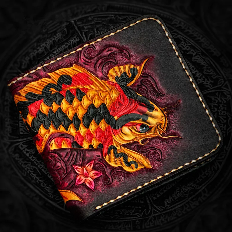 

Short Cow Leather Hand Carved Carp Wallets Purses Women Men Clutch Vegetable Tanned Leather Wallet Card Holder New Year Gift