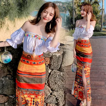 Spring Runway High Quality Women's 2 Piece Set Folk Cluster Wind One Word Collar Frenulum Top+Bohemia Vacation Printed Skirt Set
Spring Runway High Quality Women's 2 Piece Set Folk Cluster Wind One Word Collar Frenulum Top+Bohemia Vacation Printed Skirt Set