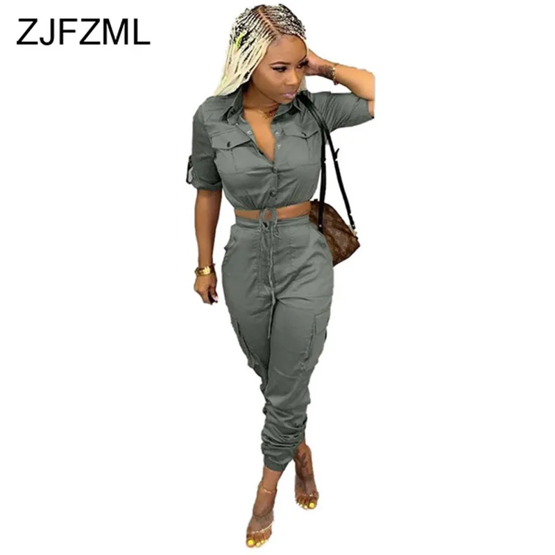 Sexy Two Piece Summer Clothes for Women Turn-down Collar Short Sleeve Buttons Up Crop Top + Pockets Cargo Pants 2 Piece Outfits
Sexy Two Piece Summer Clothes for Women Turn-down Collar Short Sleeve Buttons Up Crop Top + Pockets Cargo Pants 2 Piece Outfits