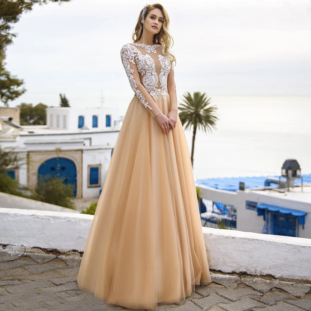 Chic Champagne Wedding Dresses See Through A-line Soft Tulle Long Sleeves Bridal Gown Robe de Mariee
Chic Champagne Wedding Dresses See Through A-line Soft Tulle Long Sleeves Bridal Gown Robe de Mariee
