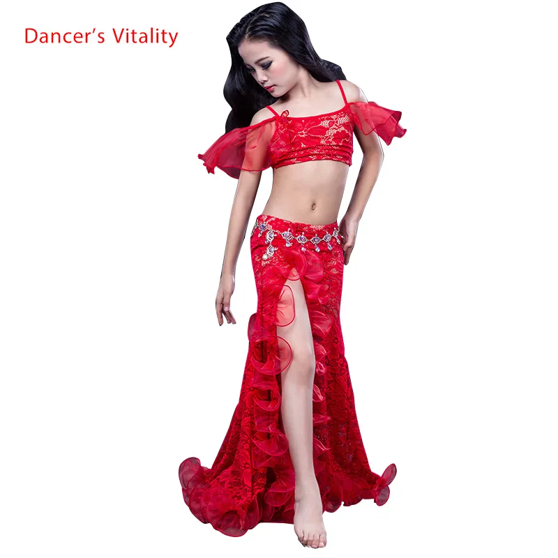 

Girls Professional belly dancing clothes luxury sleeveless top+lace split sirt 2pcs child dance set kids belly dance suit SML
