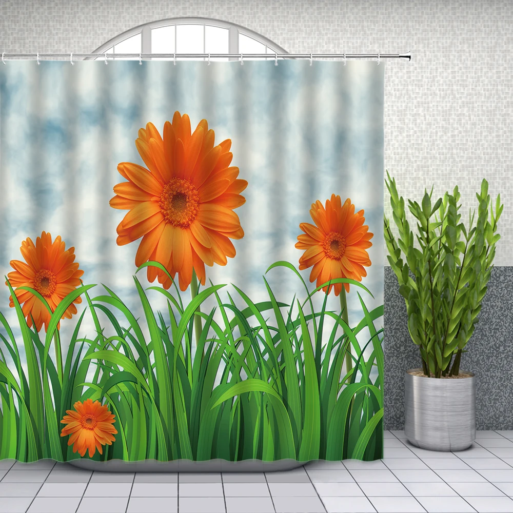 

Orange Daisy Flower Green Leaf Plant Shower Curtains Bathroom Decor Waterproof Polyester Cloth Curtain Set Cheap