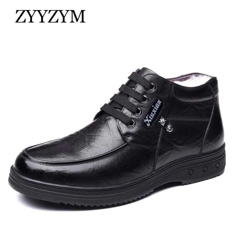 

ZYYZYM Boots Mens Winter Lace Up Style Black Leather Snow Shoes Ankle Plush Keep Warm Soft Bottom Casual Man Boots