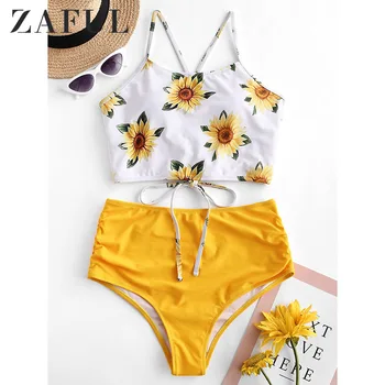 

ZAFUL Bikini Ruched Sunflower Overlay Tankini Set Cut Out Spaghetti Straps Swimwear Women Sexy Swimsuit Push Up Bikini Femme
