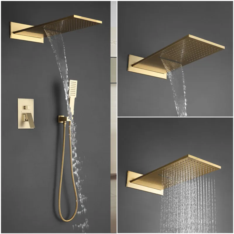 

Luxury Brushed gold Wall Mounted Waterfall Rainfall Brass Bathroom Shower faucet set 3 Functions Copper Shower Complete Set