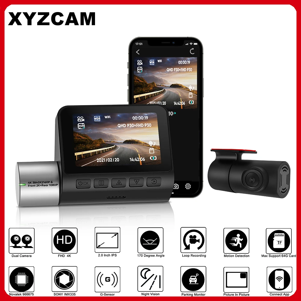 XYZCAM 2K 4K двойной видеорегистратор 2 0 дюймов ЖК WiFi автомобильный Передняя камера и