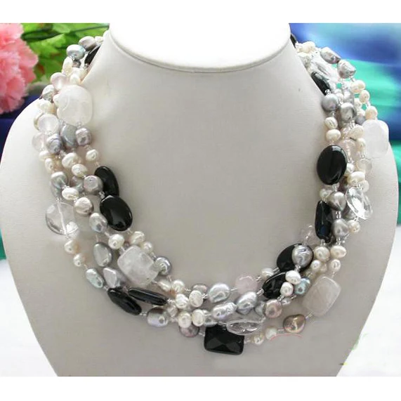 

Unique Pearls jewellery Store 5row 19'' Gray White Baroque Freshwater Pearl Crystal Agate Necklace Charming Women Jewelry Gift