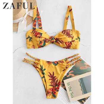 

ZAFUL Women Bikini Plant Print Braided Strappy Pleated Bikini Swimsuit