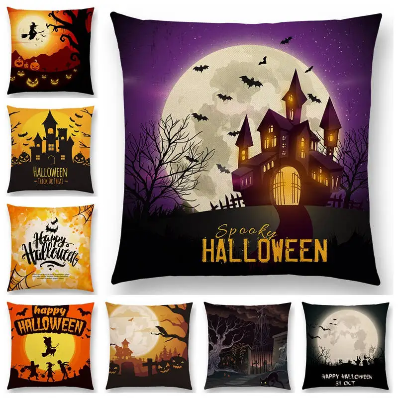 

Happy Halloween Scary Night Moon Skull Witch Pumpkin Zombie Vampire Ghost Castle Bat Tree Cushion Cover Decorative Pillow Case
