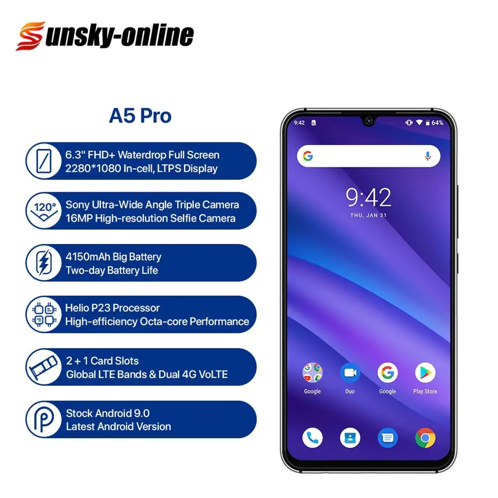 UMIDIGI A5 Pro Smartphone 6.3'' Full Screen 4GB+32GB Android 9.0 Mobile Phone 16MP Triple Back Cameras Global Dual 4G
UMIDIGI A5 Pro Smartphone 6.3'' Full Screen 4GB+32GB Android 9.0 Mobile Phone 16MP Triple Back Cameras Global Dual 4G