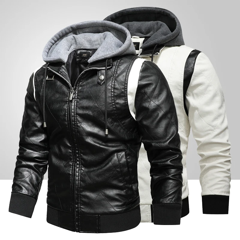 

Hooded Leather Jacket Men Winter Thick Warm Casual Coats 2020 New Men Pu Motorcycle Jacket Plus Velvet Faux Leather Coat Fashion