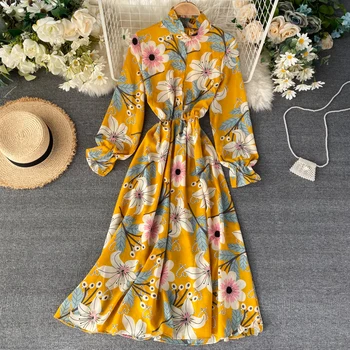 Vintage slim spring 2020 floral print dress midi long chiffon ruffled summer Party dresses Women elegant tunic a-line dress 
Vintage slim spring 2020 floral print dress midi long chiffon ruffled summer Party dresses Women elegant tunic a-line dress