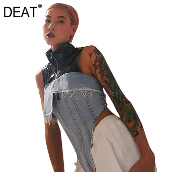 DEAT 2020 new summer fashion turtleneck sleeveless denim patchwork PU leather turn-down collar asymmetrical denim top WN34705L 
DEAT 2020 new summer fashion turtleneck sleeveless denim patchwork PU leather turn-down collar asymmetrical denim top WN34705L