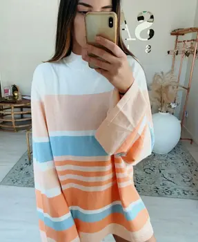 Fashion Women Long Sleeve High Neck Striped Long Shirt Ladies Oversized Casual Long Tunic Top Contrast Color Pullover 
Fashion Women Long Sleeve High Neck Striped Long Shirt Ladies Oversized Casual Long Tunic Top Contrast Color Pullover