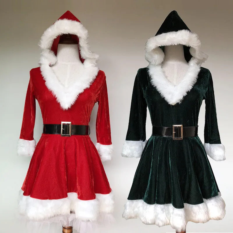 2019 Санта Клаус одежда для косплея на Рождество платье женщин с капюшоном V