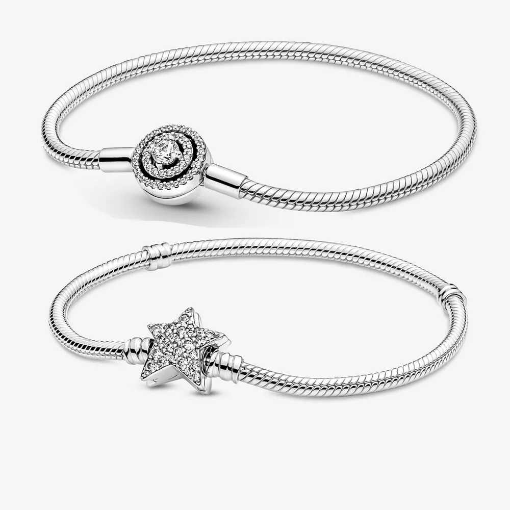 

925 Sterling Silver Double Ring Moments Halo Snake Chain Bracelet FIT Diy Charm Bracelet For Women Luxury Brand European Jewelry