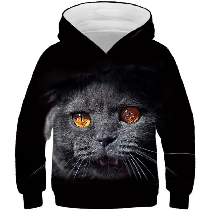 

4-13 Years Old 2020 Children 3D Hoodies Boys Girls Lovely Black Animal Cat Print Hooded Sweatshirts Kids Pullovers Clothes Tops
