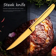 Stainless Steel Serrated Steak Knife High Quality Sharp Dinner Steak Knife Gold Kitchen Meat Cutter Table Dinnerware Knives