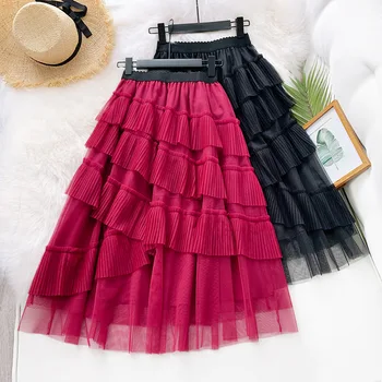 Summer Skirts Womens Rose Red Black Skirt Cake Irregular Ruffle Long Midi Tulle Skirt Patchwork Pleated Skirts Jupe Longue Femme 
Summer Skirts Womens Rose Red Black Skirt Cake Irregular Ruffle Long Midi Tulle Skirt Patchwork Pleated Skirts Jupe Longue Femme