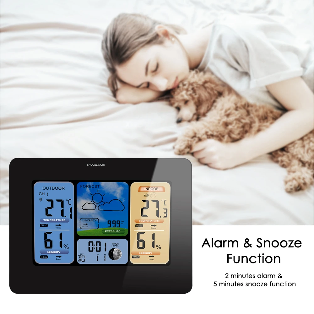 Wireless Color LCD Weather Station Clock Indoor Outdoor Thermometer Hygrometer Barometer Display Alarm Snooze Function
Wireless Color LCD Weather Station Clock Indoor Outdoor Thermometer Hygrometer Barometer Display Alarm Snooze Function