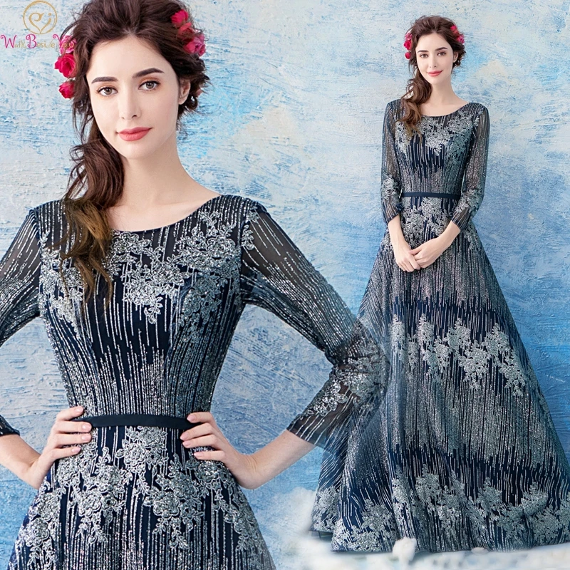 Navy Blue Prom Dresses Three Quarter Sleeves Shiny Sequined A-line Tulle Floor Length Long Formal O Neck Evening Party Vestido
Navy Blue Prom Dresses Three Quarter Sleeves Shiny Sequined A-line Tulle Floor Length Long Formal O Neck Evening Party Vestido