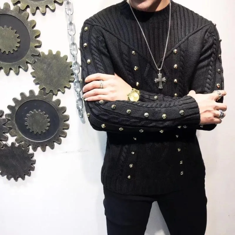 Winter Mens Rivets Sweater Pullover Sueter Masculino Slim Fit Knitted Sweaters Long Sleeve Black Jacquard Weave Jumper Sweater
Winter Mens Rivets Sweater Pullover Sueter Masculino Slim Fit Knitted Sweaters Long Sleeve Black Jacquard Weave Jumper Sweater