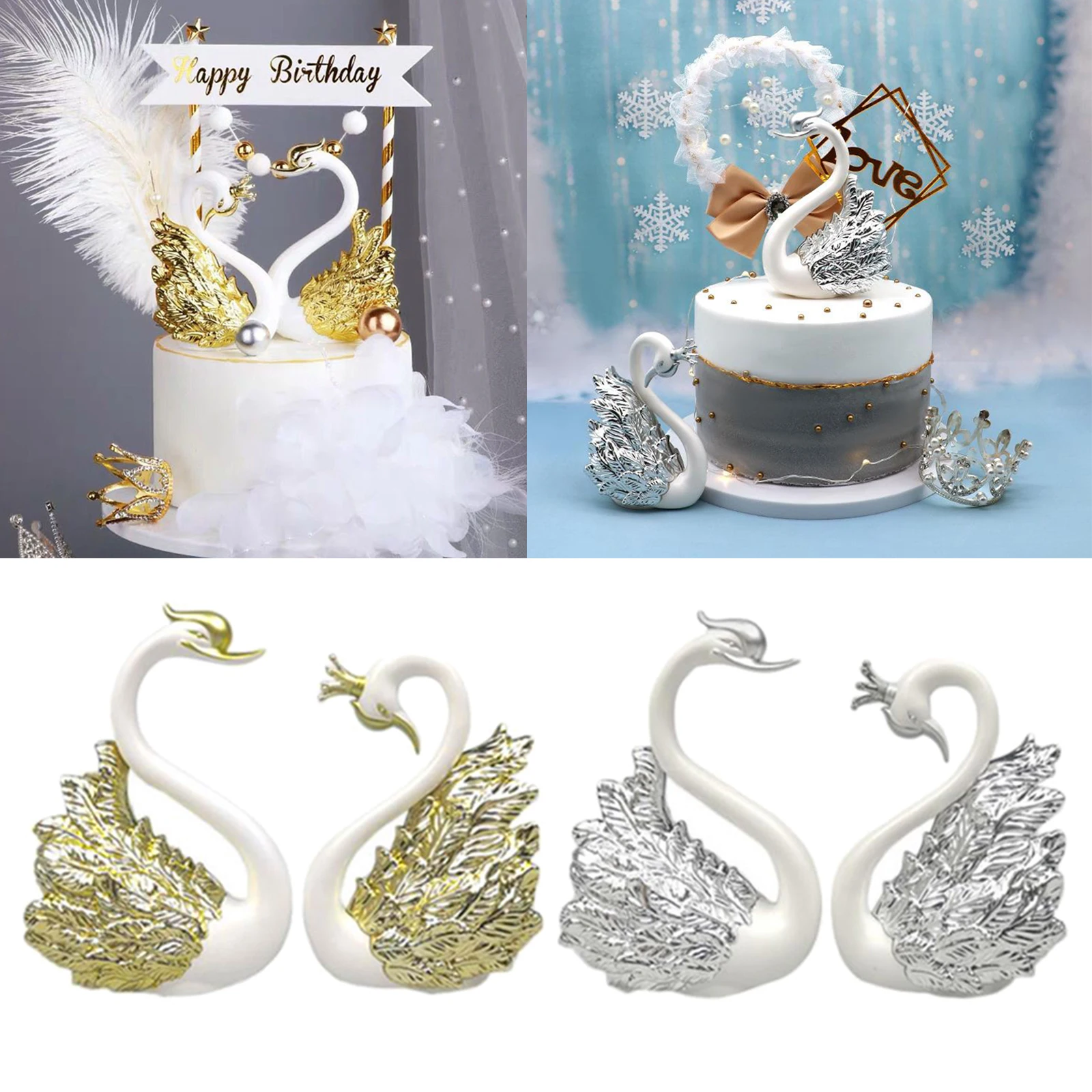 2pcs Romantic Crown Swan Figurine Collection Cake Topper Table Centerpiece Ornament 2pcs Romantic Crown Swan Figurine Collection Cake Topper Table Centerpiece Ornament