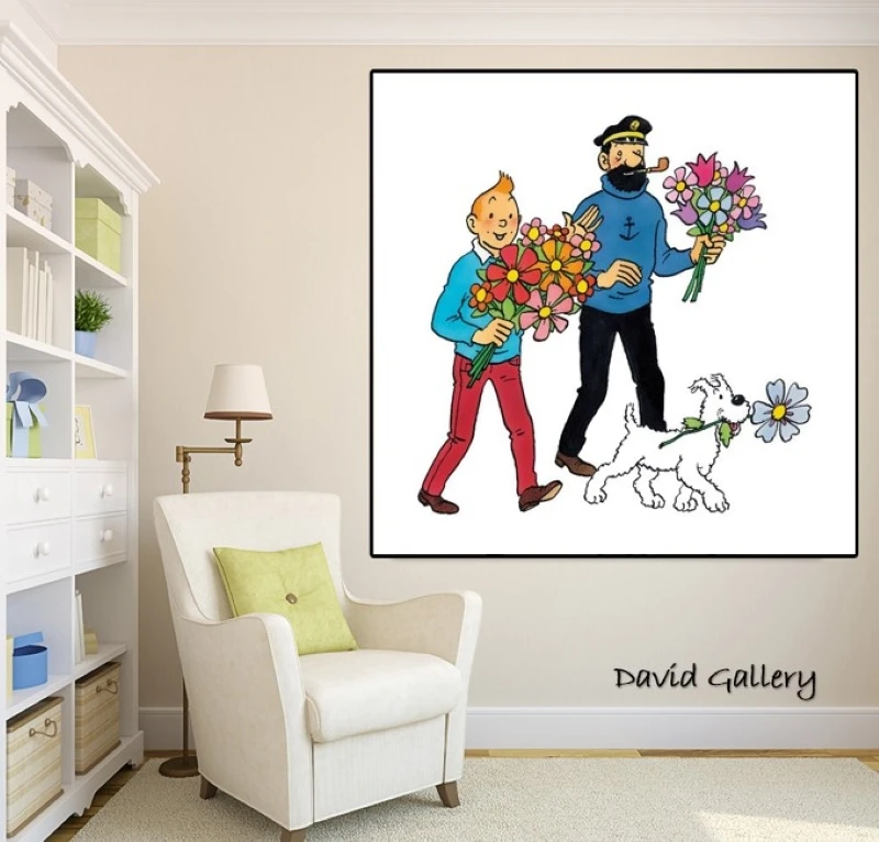 100% Hand Painted Oil Painting With Popular Art Graffiti Artworks TINTIN Cartoon On Canvas For Kids Room | Дом и сад