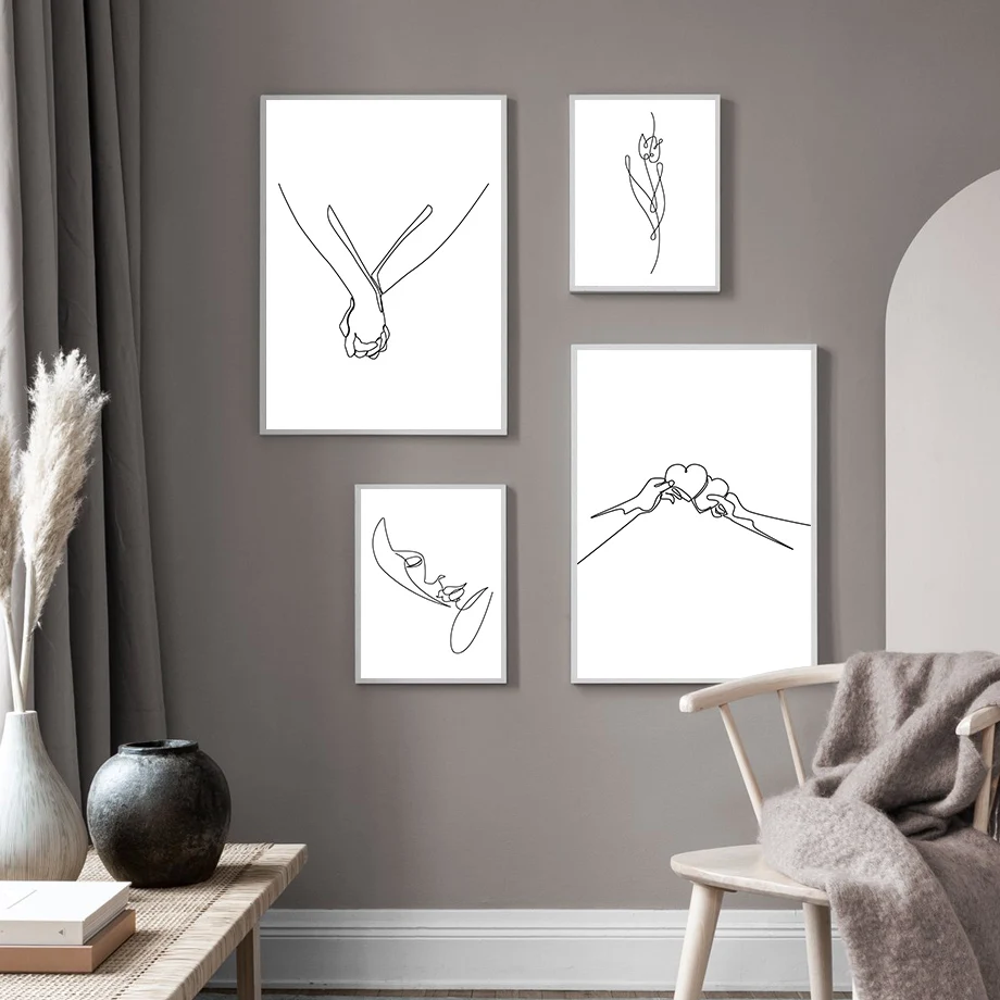 Abstract Line Love Kiss Hand Heart Flower Wall Art Canvas Painting Nordic Posters And Prints Wall Pictures For Living Room Decor