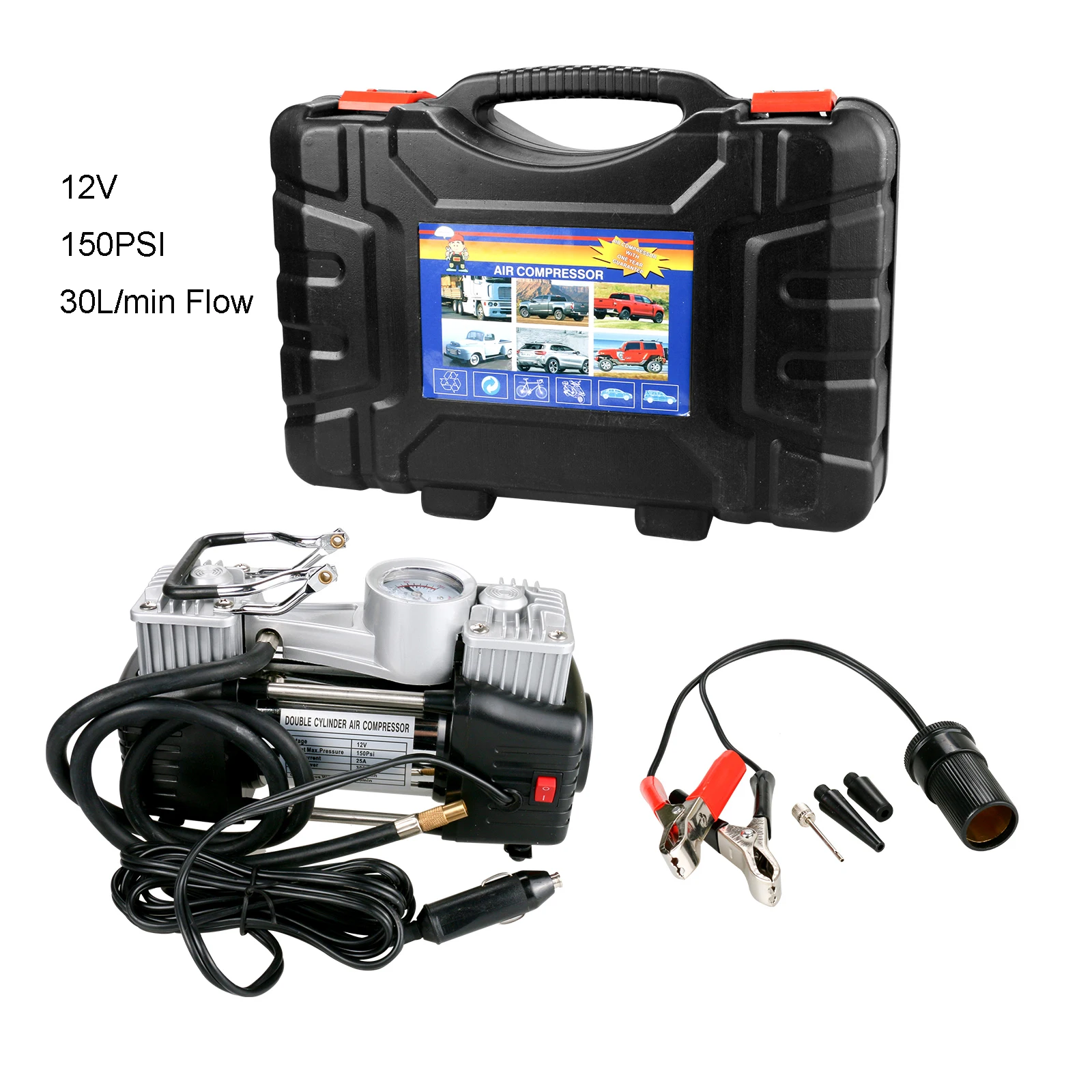 12V Double Cylinder Air Compressor Car Tire Inflatable Pump 150 PSI 30L/min Air Flow With Gauge For Car Truck Motor Tires
12V Double Cylinder Air Compressor Car Tire Inflatable Pump 150 PSI 30L/min Air Flow With Gauge For Car Truck Motor Tires