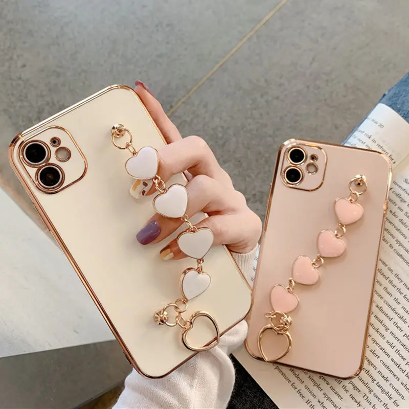 Luxury Gold Plated Electroplated Heart Bracelet Hand Strap Holder Cover for iPhone 11 Pro Max XR X XS 7 8 Plus SE 20