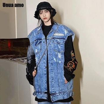 Unua amo Hip-hop Denim Vest Women Long Fashion 2020 Streetwear Oversized Print Ripped Holes Sleeveless Jacket Jeans Waistcoat
Unua amo Hip-hop Denim Vest Women Long Fashion 2020 Streetwear Oversized Print Ripped Holes Sleeveless Jacket Jeans Waistcoat