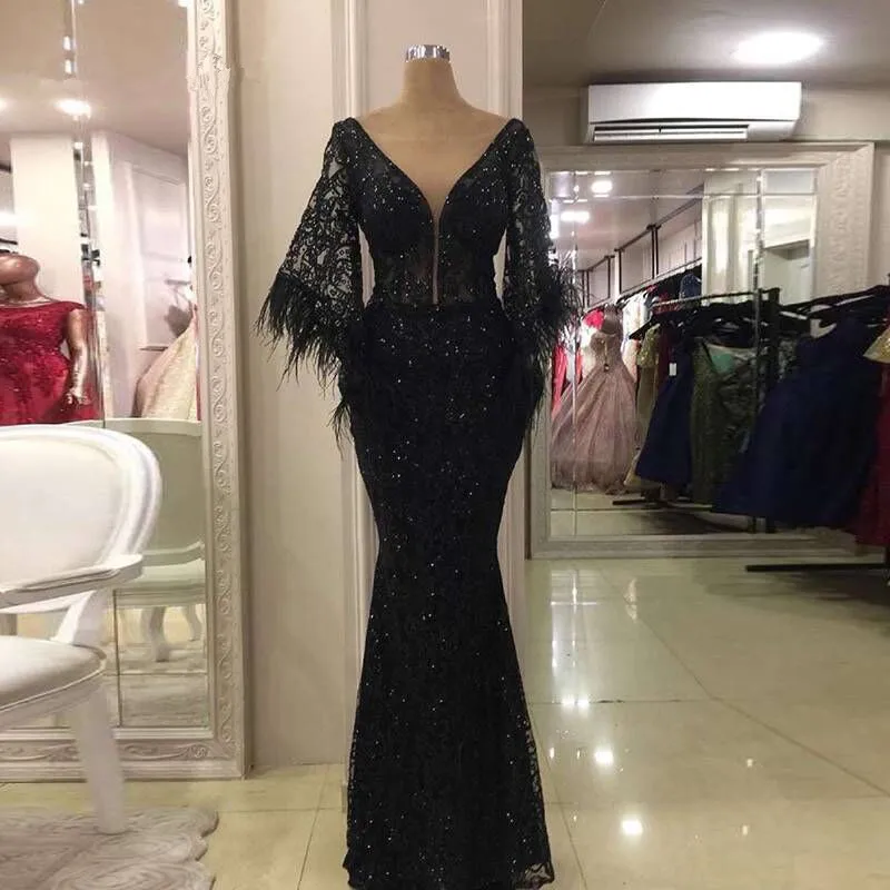 Long-Black-Glitters-V-Neck-Lace-Evening-Dress-2019-with-Feather-Saudi-Arabia-Dubai-Moroccan-Sexy
