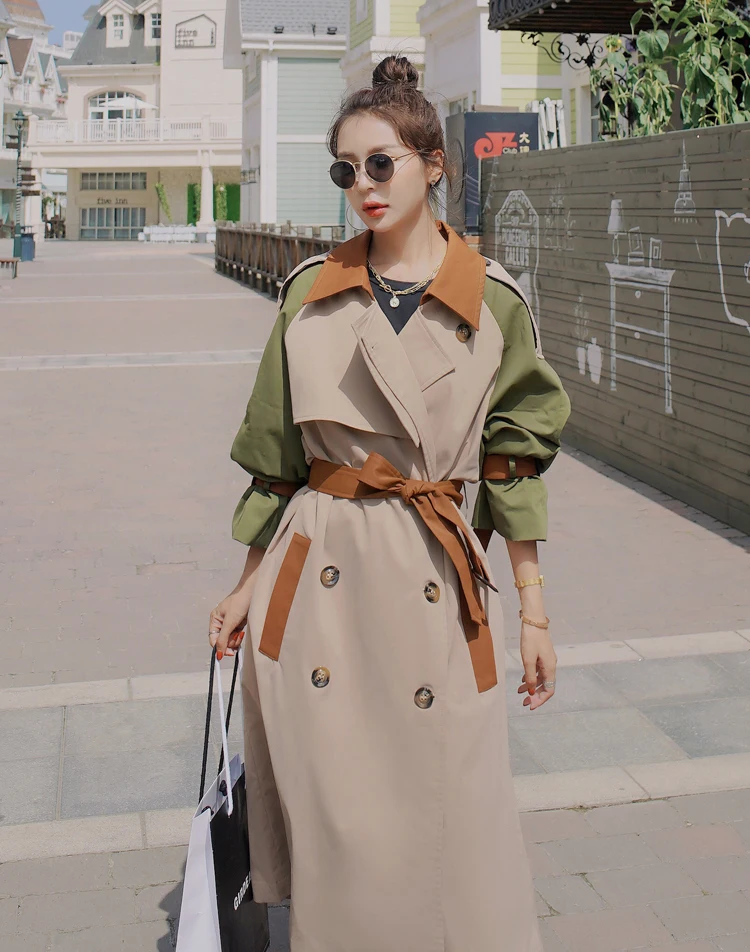 Brand New Fashion Womens Trench Coat Colorblock Long Double-Breasted with Belt Lady Windbreaker Spring Autumn Outerwear Clothes