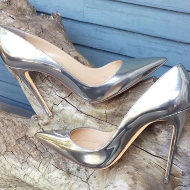 

Silver Patent Leather High Heel Pumps 8 10 12cm Stiletto Heels Shallow Dress Shoes Pointed Toe Iridescent Banquet Party Shoes