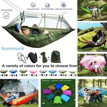 Adeeing 1-2 Person Portable High Strength Parachute Fabric Hammock with Mosquito Net for Outdoor Camping