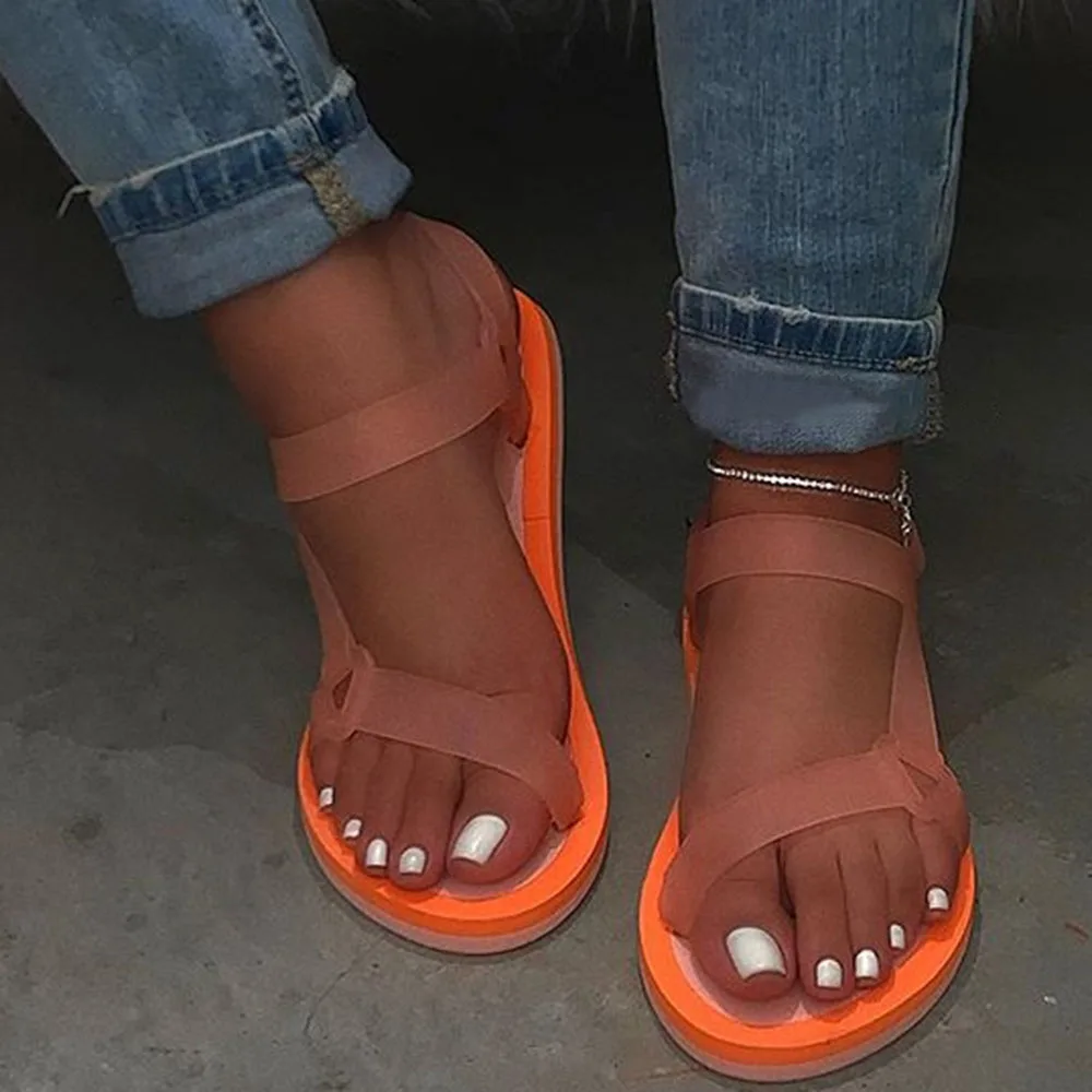 Фото Женские сандалии на плоской подошве мягкие повседневные оранжевые летние низком
